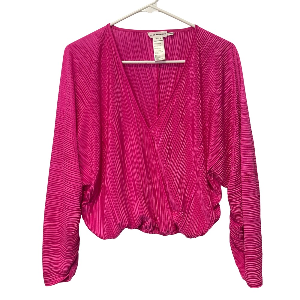 Good American Top Womens 00/0 Fuchsia Pink Pleated Surplice Long Sleeve GWT0147